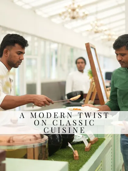A glimpse of guests enjoying our catering at a corporate workshop. We provide a modern twist on classic cuisine, served in a professional buffet style that is perfect for business lunches and networking events.