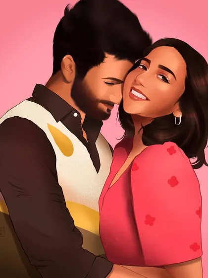 An illustration of Dimple and Rishi from the Netflix show 'Mismatched'. I enjoy recreating the chemistry of beloved on-screen couples, which is a great option for a unique fan art commission.