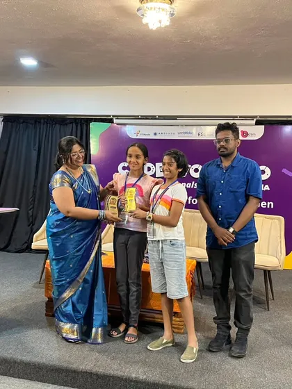 We believe in celebrating success, and our students give us many reasons to. Here, one of our teams is on stage receiving their first-place trophy at the Codeavour 6.0 robotics competition, a proud moment that reflects their dedication and problem-solving skills.
