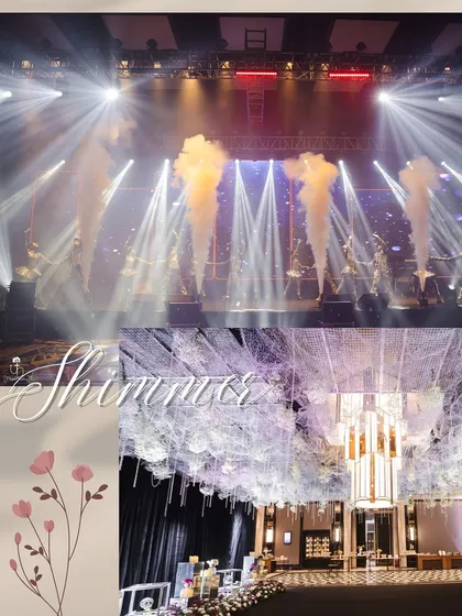 A collage showcasing a glamorous Sangeet with dazzling stage lights and an ethereal, cloud-like ceiling installation with hanging crystals.