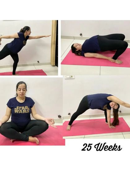At 25 weeks, this mama is flowing through poses like a modified Wild Thing and Bridge Pose, showing her strength and confidence.