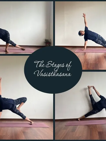 Yoga is a journey of steady progress, not instant perfection. This collage shows a student's three year journey with Vasisthasana, or Side Plank, from foundational variations to the full expression of the pose, highlighting the resilience and strength gained over time.