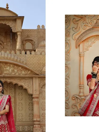 Bridal portraits taken against a grand, palace-like backdrop. This setting adds a sense of royalty and elegance to the wedding album.