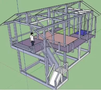 3D structural models of a double-story prefab building. These designs show the intricate MS pipe structure, including the layout for floors, stairs, and roof, which we use for planning and engineering.