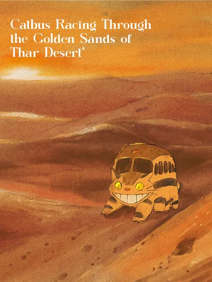 The Catbus from 'My Neighbor Totoro' racing through the Thar Desert at sunset. I loved the idea of this magical creature dashing across the golden sands of Rajasthan.