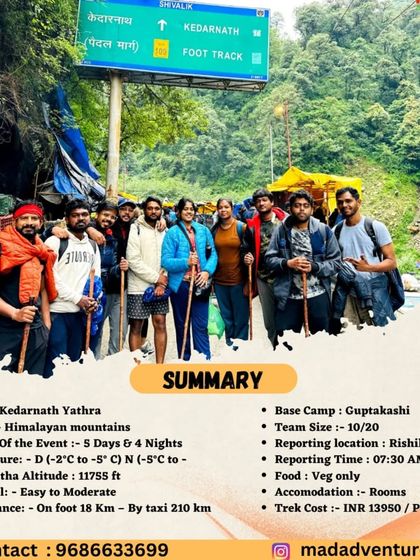 A group of happy devotees at the start of the Kedarnath foot track. My trips are designed to be safe and supportive, especially for solo travellers and families.