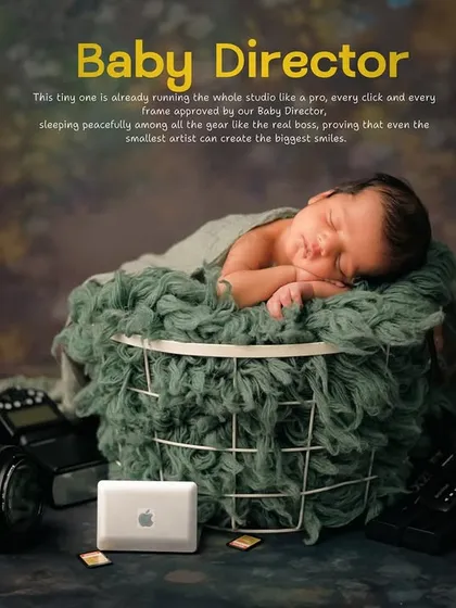 A creative edit for the 'Baby Director' theme, with text that playfully describes the baby as the one in charge. This adds a fun, story-telling element to the final image.