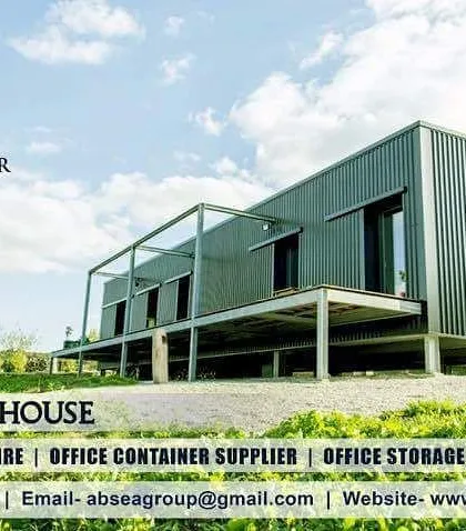 This container house features a sleek, dark metal exterior and an elevated design, perfect for a modern farmhouse or countryside residence. Our homes are fabricated with durable steel panels to withstand the elements.