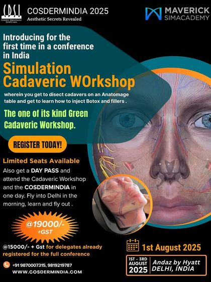 A detailed poster for the Simulation Cadaveric Workshop at COSDERMINDIA 2025. This one-day course allows you to fly in, learn, and fly out with invaluable anatomical knowledge.