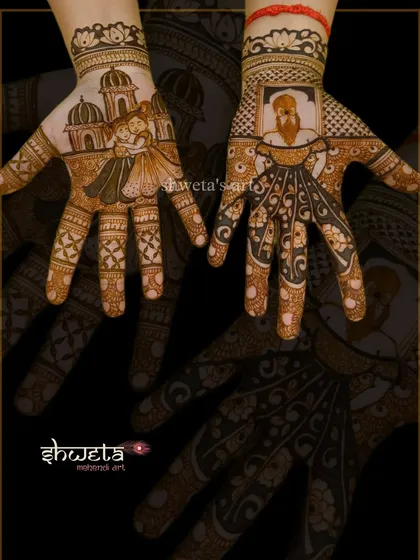 Mehendi for the sister of the bride. This design features a portrait of her father on one hand and a couple figure on the other, making it deeply personal and meaningful.