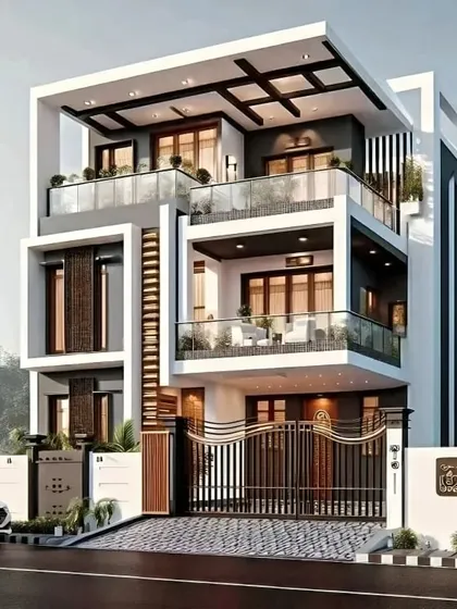 Showcasing our capability in multi-story residential design, this three-level home features stacked balconies with glass railings and a prominent pergola structure on the roof. The black and white color scheme is softened by wooden accents, creating a sophisticated and modern urban residence.