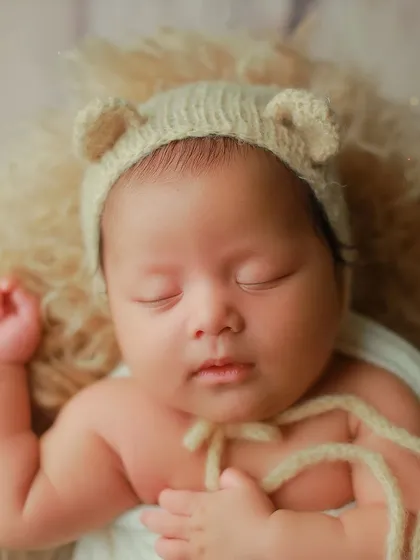 A tight portrait shot of a sleeping baby in a bear bonnet. We focus on capturing the serene expression and soft texture of the baby's skin.