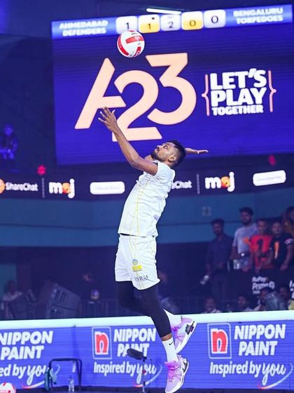 A player executes a perfect spike at the Prime Volleyball League. Our production captures the high-flying action of the sport, making every point feel momentous.