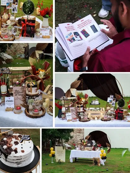 Every detail is carefully crafted to elevate your lavish surprise. This collage shows the personalized love book, the stunning cake, and the beautiful outdoor tent setup.