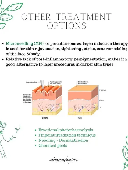 After active acne is controlled, we can address the scarring. Microneedling is an excellent option for skin rejuvenation and scar remodeling, especially in darker skin types, as it has a low risk of post-inflammatory hyperpigmentation.
