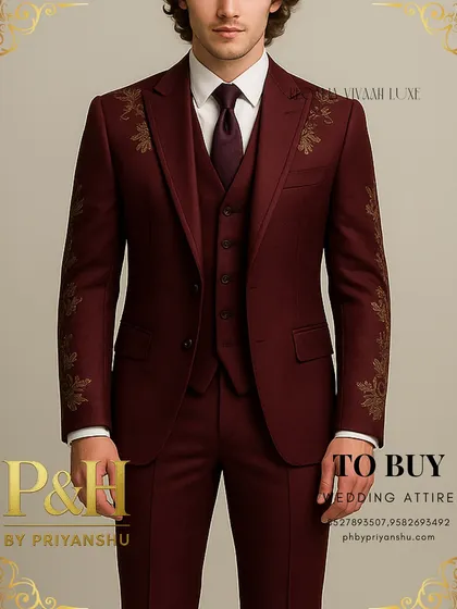 My wine-colored three-piece suit is a study in understated elegance. The subtle golden floral embroidery on the shoulders and sleeves adds a bespoke touch to the rich, deep fabric.