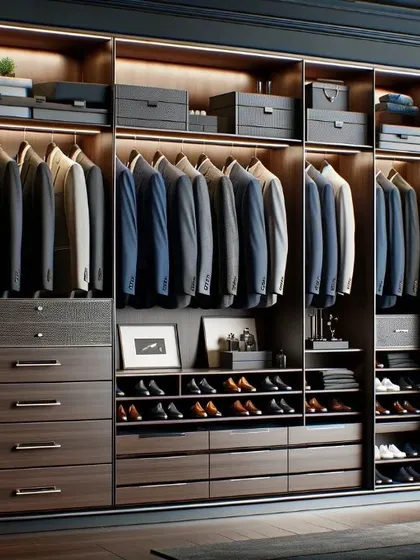 This dark wood wardrobe system is designed for the modern gentleman. It features specialized compartments for suits, shoes, and accessories, ensuring a perfectly organized and accessible collection.