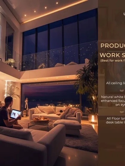 Create a productive work scene perfect for focusing at home. I can program your lights to provide natural white light that's easy on the eyes while turning off distracting floor lamps, all with one touch.