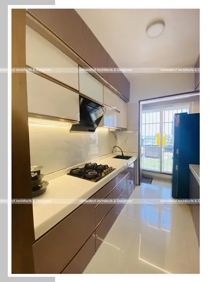 A completed modular kitchen in our Majestic Villa project. The glossy acrylic cabinets and nano white countertop create a bright and luxurious cooking space.