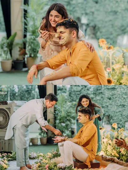 A collage of the groom's Haldi, showing him being playfully smeared with turmeric by his family and friends.