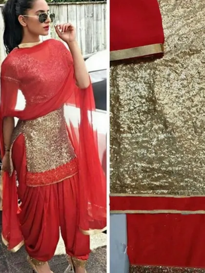 A stunning red and gold Patiala suit, perfect for festive events. We stitch classic Patiala suits with modern fabrics and designs to suit your personal style.