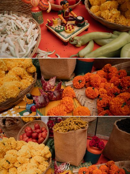 A collage of the colorful elements on the spice cart, from bright orange and yellow marigolds to bags of turmeric and red chilies. The display was a celebration of color, texture, and local culture.