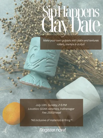 Our 'Sip Happens' clay date is all about crafting your own textured goblets from clay slabs. You can use rollers, stamps, and doilies to create a unique cup for your favorite beverage.