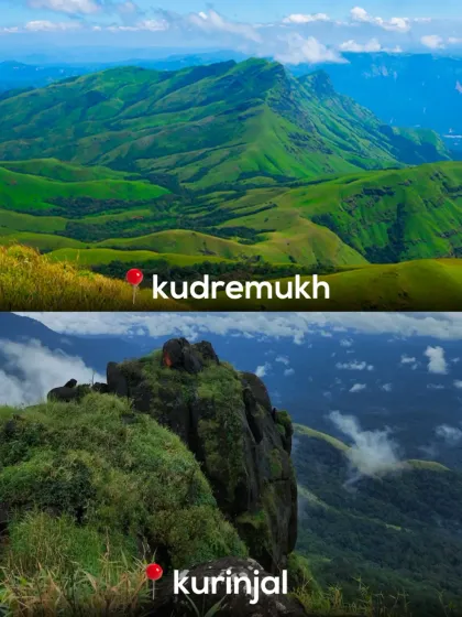 A collage comparing the vast green landscapes of Kudremukh and the rocky, misty peaks of Kurinjal.