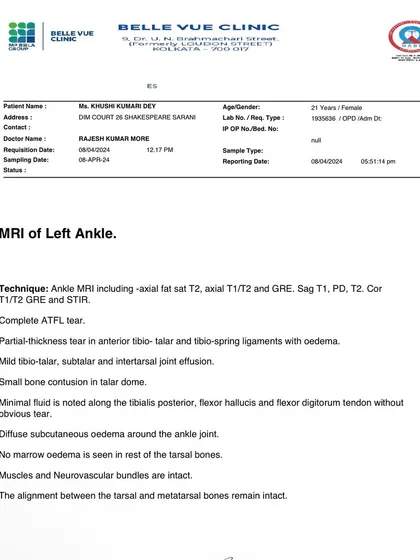 The official MRI report confirming a complete ATFL tear in Khushi's ankle. This documents the severity of the injury we were dealing with just four days out from a national competition. Transparency is key in the coach-athlete relationship.