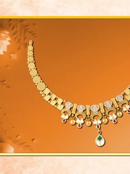 A contemporary choker necklace with delicate enamel work and a drop pendant. This design is perfect for retailers looking for lightweight, fashionable inventory.