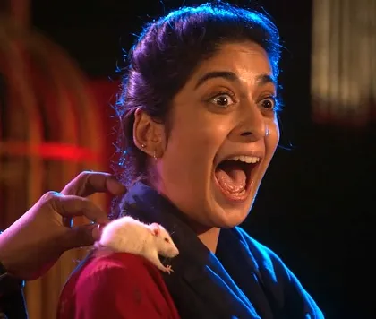 The actress's terrified reaction to the surprise rat trick during a scene. This was one of the comedy gags I helped choreograph for the show.