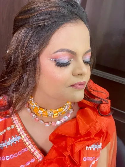 A close-up of the playful and colorful eye makeup, perfect for a fun-filled event like a Mehendi party.
