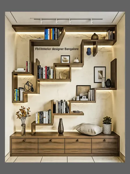 A unique and artistic bookshelf design that creates a stunning focal point on the wall. The geometric, stair-step layout is paired with a low cabinet for additional storage.