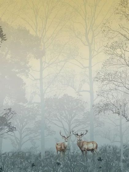 The same forest-themed wallpaper is available in different colorways, here with a warm, sunset-toned background.