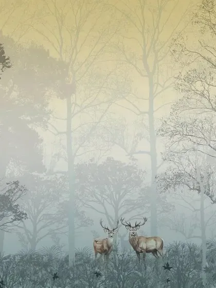 The same forest-themed wallpaper is available in different colorways, here with a warm, sunset-toned background.