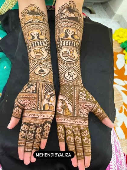 A beautiful bridal henna design featuring portraits of the bride and groom, along with traditional symbols like the doli and kalash.