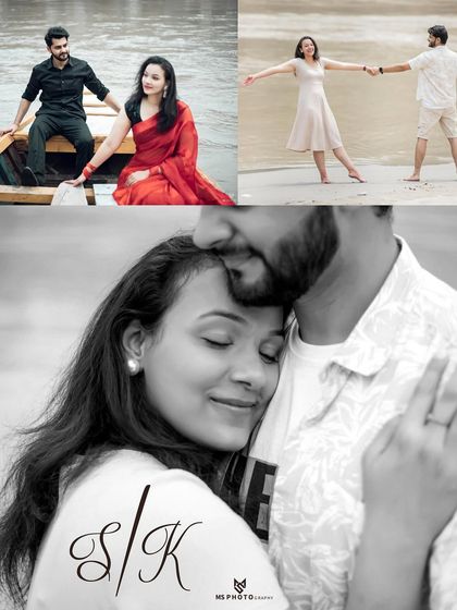 A lovely album page with a large, intimate black and white portrait combined with smaller color shots from a boat and beach session.