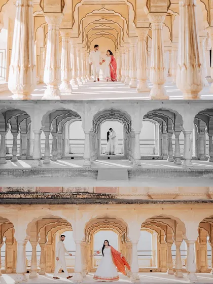 A triptych showcasing the stunning colonnades of a Jaipur palace, with the couple framed beautifully within the repeating arches.