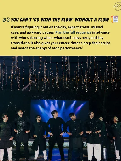 Tip 3: You can't 'go with the flow' without a flow. I help you plan the full sequence in advance, including who dances when and what track plays next. This avoids stress and awkward pauses on the day of the event.