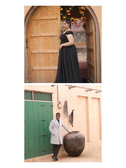 Two individual portraits set against the rustic walls and colorful doors of the film set. This highlights the styling and mood of the shoot, giving each partner a moment to shine in this cinematic environment.