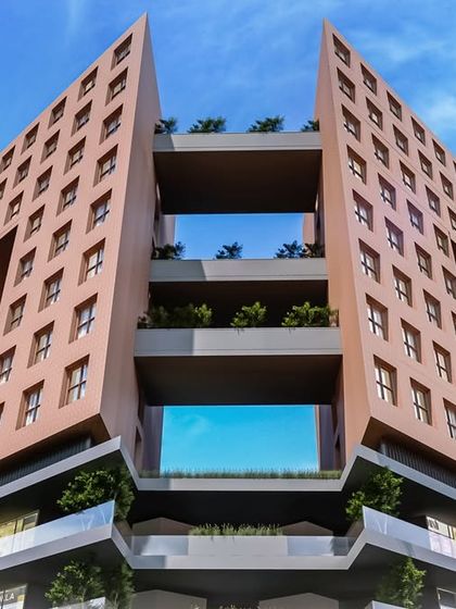 Another perspective of the symbiotic residential structure, emphasizing its unique form and the interplay between solid and void. The design provides both private living spaces and shared green areas, fostering a sense of community.