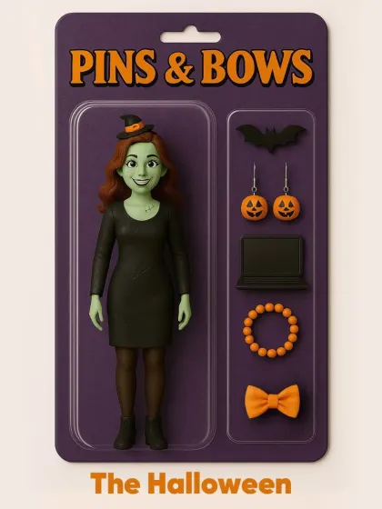 Our AI-generated toy concept for "The Halloween" look. This set includes a witch character with spooky accessories like pumpkin earrings, a bat pin, and an orange bow, showing our festive range.