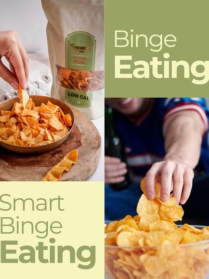 A clever comparison between "Binge Eating" junk food and "Smart Binge Eating" my healthy Diet Jowar Chips. It's a visual nudge to make a better choice.