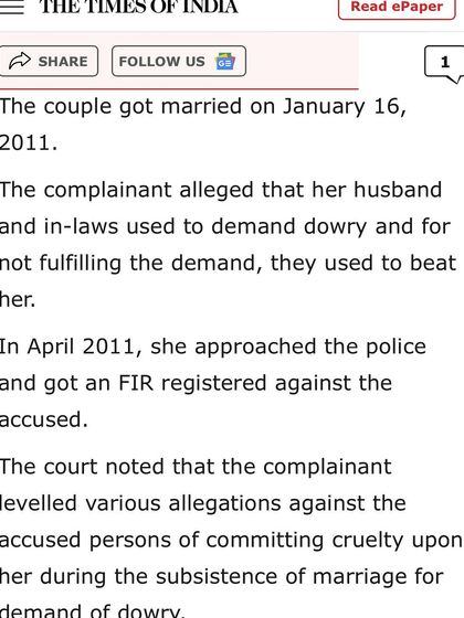 The case, initiated in 2011, involved serious allegations of dowry demands and cruelty. This clipping from the Times of India outlines the initial complaint we fought against for over a decade.