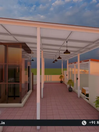 A 3D render exploring the interior view of a proposed rooftop pergola. This visualization helps in planning the lighting layout and overall spatial feel before construction begins.