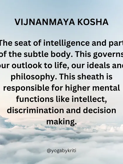 The Vijnanamaya Kosha is the wisdom sheath. It governs our intellect, discrimination, and decision-making, shaping our entire outlook on life.