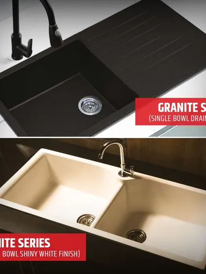 I offer sinks to match any design. This image compares our Granite Series single bowl with a drain board in black to a double bowl in a shiny white finish.