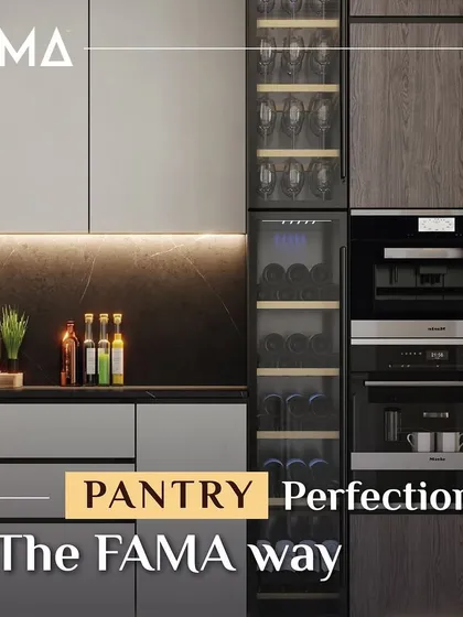 Pantry perfection, the FAMA way. This design integrates a wine cooler and appliance garage directly into the pantry system, creating a highly functional zone that complements the main kitchen.