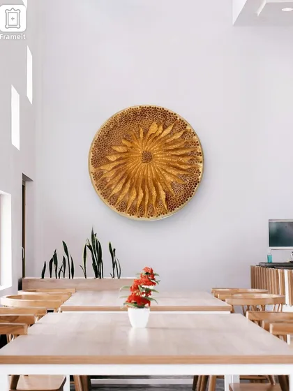Here is 'The Golden Flower' imagined in a bright, airy restaurant setting. The intricate, organic texture adds a touch of nature-inspired elegance to the space.