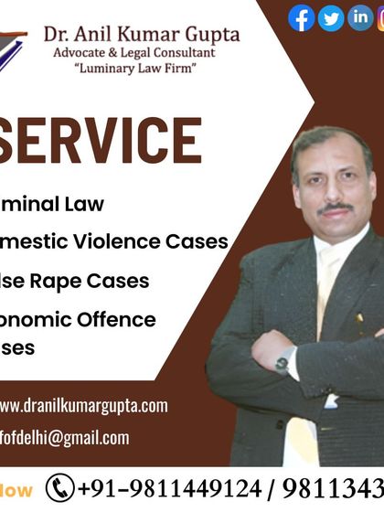 This graphic lists our core service areas in criminal law, emphasizing our expertise in defending against false rape cases, domestic violence, and economic offences.